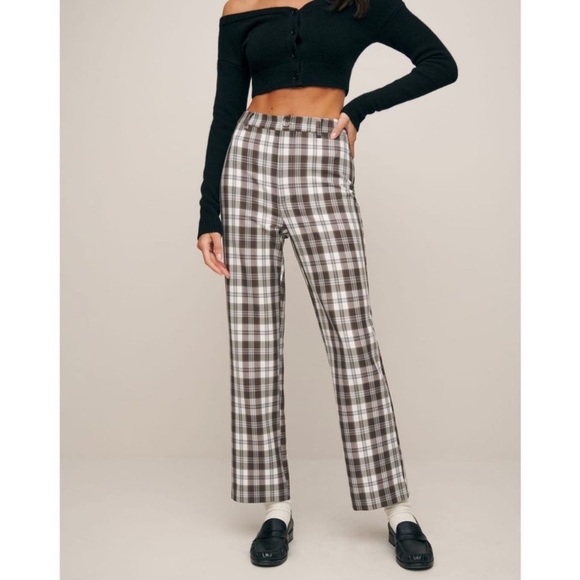 REFORMATION 90s Plaid Check Recycled High Rise Ankle Crop Straight Leg Trouser 8 - Picture 2 of 7